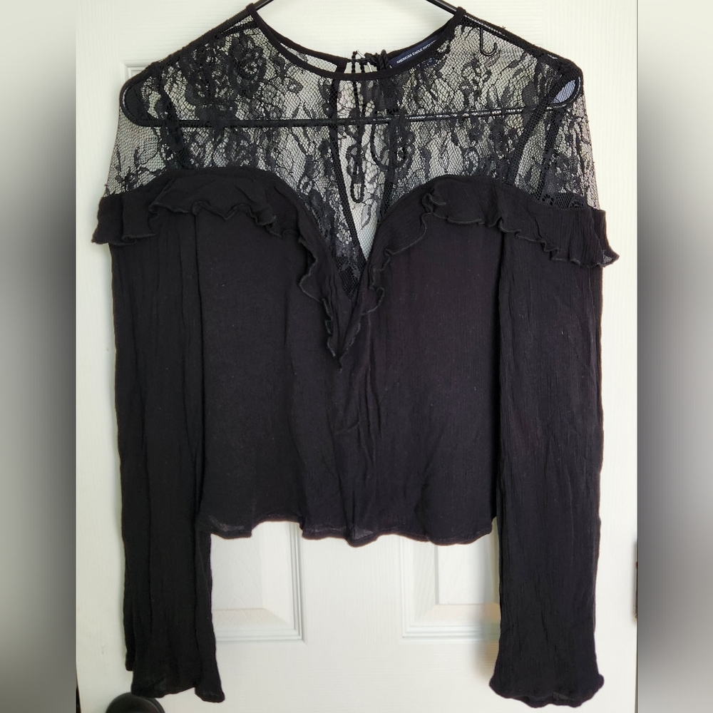 American Eagle Black Long Sleeve Blouse, Size S Lace Yoke Whimsigoth Witchy Goth